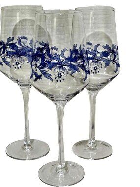 3 Spode Blue Italian Wine Glasses 9.5" floral toasting goblets 16z celebration